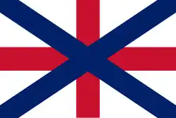 Una reconstrucción de una versión alternativa de la Union Jack que aparece en un techo de madera pintado del Palacio de Linlithgow (c. 1617 ).