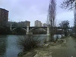 Vista del Puente del Poniente (o de Francisco González Regueral) sobre el río Pisuerga en Valladolid, desde la orilla izquierda del río, bajo la Rosaleda Francisco Sabadell, año 2008.