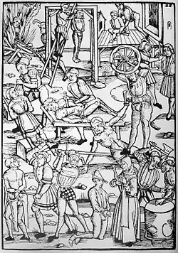 Grabado presentando ejemplos de ahorcamiento, decapitación, mano cortada, oreja cortada, ojo pinchado, hoguera.