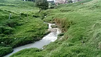Quebrada Agüitas claras. Único afluente del río Grande en el área urbana. Inmediatamente después de la unión de los arroyos Vinagrera y El Hoyo que la conforman, recibe grandes descargas residuales