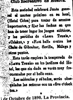 Noticia en el diario La Provincia (4 de octubre de 1890) informando de diferentes encuentros del Huelva Recreation Club con clubes de Gibraltar, Sevilla y Málaga.