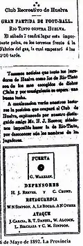 Noticia del 6 de mayo de 1892 aludiendo a un partido contra el Riotinto.