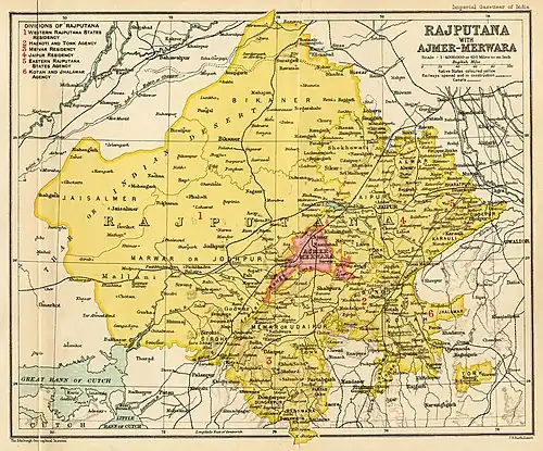 El mapa de la Agencia de Rajputana en 1909, del Imperial Gazetteer. Leyenda: estados principescos en amarilllo.