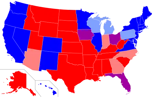 Mapa electoral de Estados Unidos que muestra los estados púrpura y son los que han cambiado de partido al menos dos veces en las últimas cuatro elecciones (de 1996 a 2008).