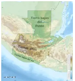Guatemala está situada entre el océano Pacífico en el sur y el mar Caribe en el noreste. La franja de la Sierra Madre se extiende de México en el oeste, hacia el centro y sur de Guatemala penetrando en El Salvador y Honduras al este. El norte está dominado por una amplia llanura de tierras bajas que se extiende hacia el este en Belice y hacia el norte en México. En el sur, una llanura estrecha separa la Sierra Madre del océano Pacífico.