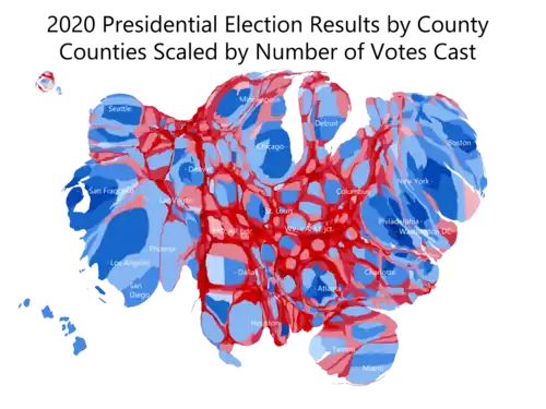 Un cartograma continuo a nivel de condado de  de los Estados Unidos de 2020