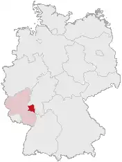 Hesse Renano (rojo oscuro), mostrado dentro de Renania-Palatinado (rojo pálido).