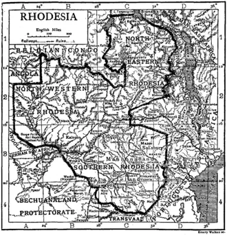 "Rhodesia", representada en la Encyclopædia Británnica de 1911, que muestra Rodesia del Noroeste y nordeste, fusionadas ese mismo año en Rodesia del Norte (Zambia desde 1964), y Rodesia del Sur (rebautizada como Zimbabue en 1980).
