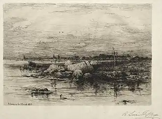 Desembocadura del río Apponaganasett (1883) aguafuerte, tamaño de placa 18,9 x 28,8 cm (7 7/16 x 11 5/16 pulg.), Museo de Arte de Cleveland, Cleveland, Ohio