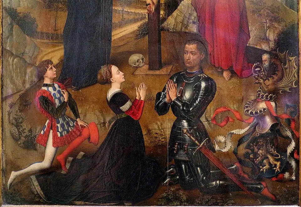 Alessandro Sforza sobre un detalle del Tríptico Sforza de Rogier van der Weyden, c. 1460.
