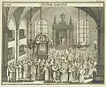 Sinagoga alemana en Rosh Hashaná. Grabado de Georg Puschner; Jüdisches Ceremoniel, Núremberg, 1716-1724.