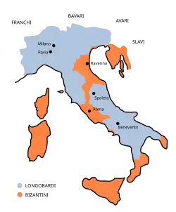 El reino tras las conquistas del rey Rotario (r. 636-652).