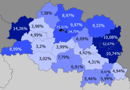 Rusos en la provincia     >15%     10–15%     8–10%     5–8%     <5%