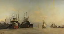 Hobbe Smith (1900): Gezicht op het IJ naar het oosten, met de dokken van de Amsterdamsche Droogdok Maatschappij en de kop van het IJ-eiland-Havengezicht van Amsterdam, Museo de Ámsterdam.