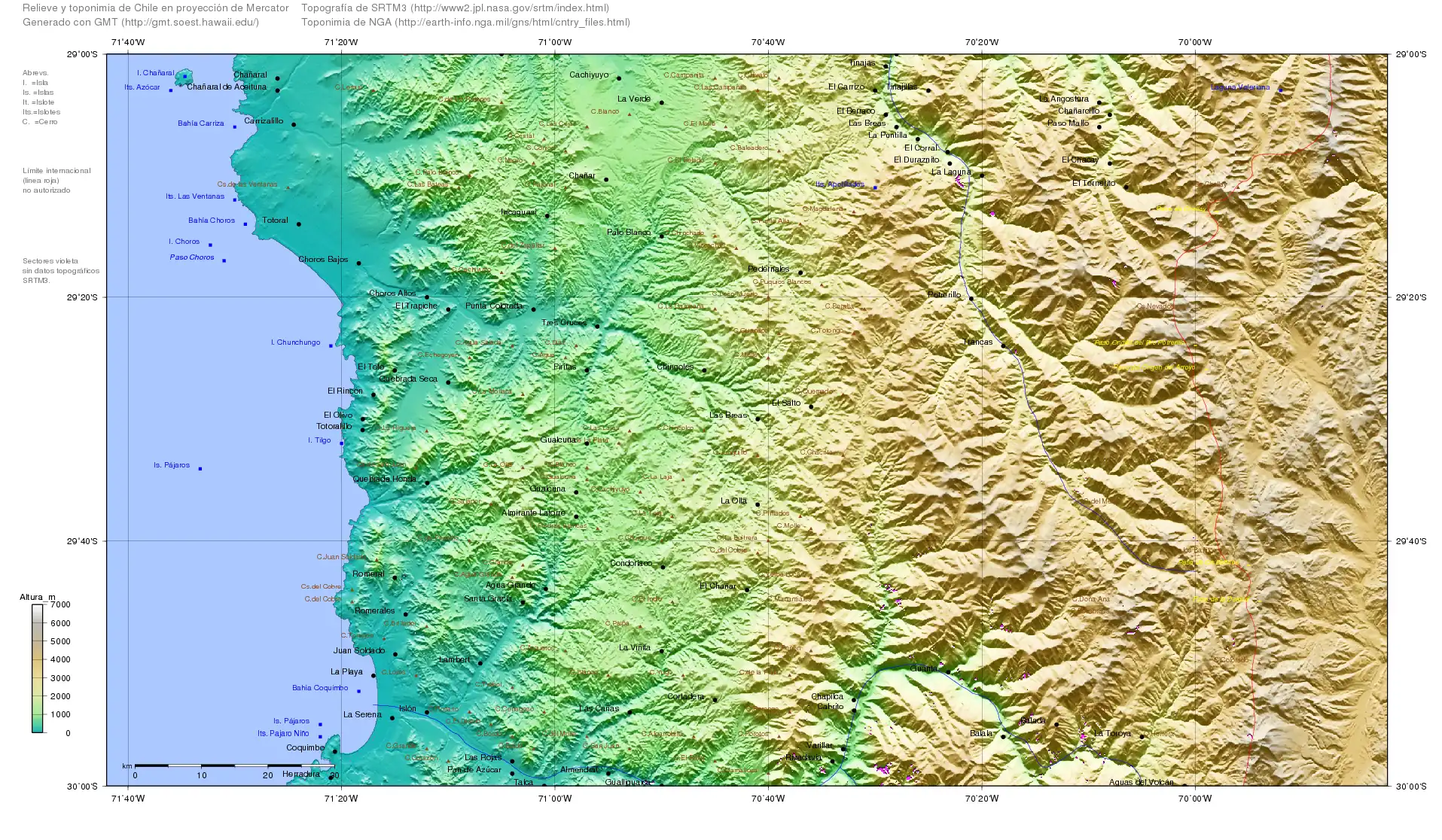 La quebrada Honda en un mapa topográfico elaborado con datos de la Misión topográfica Radar Shuttle.