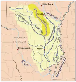 Noturus lachneri solo se encuentra en el Río Saline (en amarillo oscuro) y en otros pequeños afluentes del Río Ouachita, en Arkansas, EE. UU.