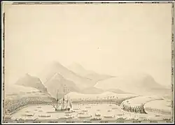 El HMS Dolphin de Samuel Wallis en bahía Matavai, Tahití. Ilustración de Samuel Wallis, hacia 1767. Bibliteca Nacional de Australia.