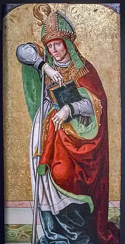 Tabla de San Agustín del retablo mayor del monasterio de Sigena y compañera de la tabla de San Ambrosio. En ella se puede observar el blasón familiar, tres barras oblicuas, en el fondo dorado bruñido y graneado de la tabla ya que fue encargado por María de Urrea.