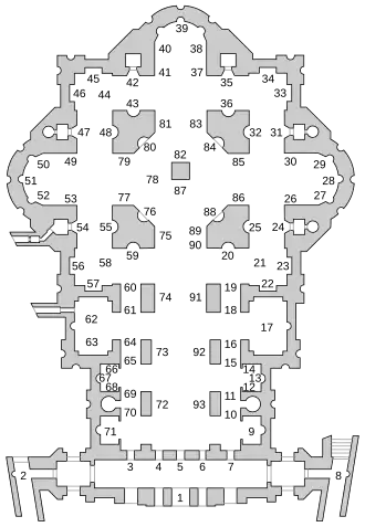 Planta actual, con la prolongación de naves y fachada de Maderno.