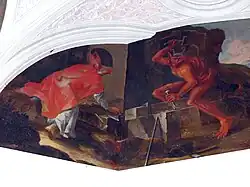 El santo y el diablo, pintura del siglo XVIII en la capilla del santo en Sankt Wolfgang im Salzkammergut