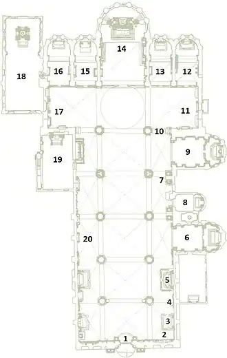 Planta de la basílica (1. Sotofachada, 2. Urna del dux Ranier, 3. Altar de la Virgen con el Niño y los santos, 4. Monumento de Marcantonia Bragadin, 5. Políptico de San Vincente Ferrer, 6. Capilla de bl. Jakub Salomon, 7. Mausoleo Valier, 8. Capilla de N.ª S.ª Reina de la Paz, 9. Capilla de Santo Domingo, 10. Altar de San Catalina de Siena, 11. Brazo dcho. transepto, 12. Capilla de la Santa Cruz, 13. Capilla de Santa María Magdalena, 14. Presbiterio, 15. Capilla de la S.ª Trinidad, 16. Capilla de San Pío V, 17. Brazo izqdo. transepto, 18. Capilla del Rosario, 19. Sacristía, 20. Nave lateral izqda.)