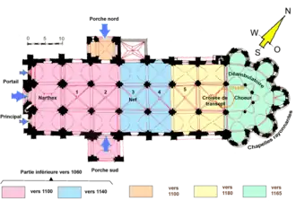 Planta con las diferentes fases de construcción. La nave comprende cinco tramos; no se indica: la fachada occidental y el campanario fueron restaurados en el siglo XIX. La cripta se remonta al siglo V.