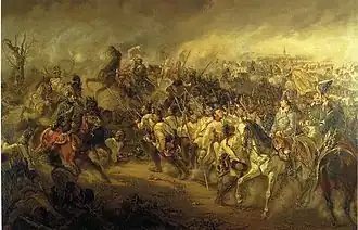 Painting of a combat showing white-coat infantry in march with some cavalrymen as well as a general and his staff on the foreground.