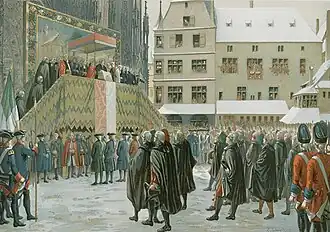 Dibujo de Émile Schweitzer que muestra el Schwoertag (juramento) en Estrasburgo.