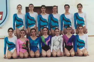 Fuster (de pie, primera a la izquierda) con la selección de gimnasia rítmica en el Gimnasio Moscardó (1991).