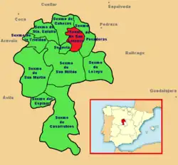 Ubicación del sexmo de San Lorenzo dentro de la [[Comunidad de Ciudad y Tierra de Segovia]]