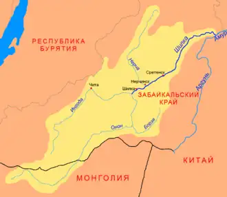 Chitá (Чита), a la orilla del Ingodá (Ингода), en mapa del Shilka (Шилка)