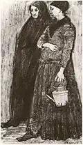 Dos mujeres paseando (Sien embarazada y su madre), lápiz, a principios de 1882, Colección privada, Países Bajos (F988a, JH148)