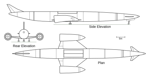 Un dibujo de 3 vistas del Skylon