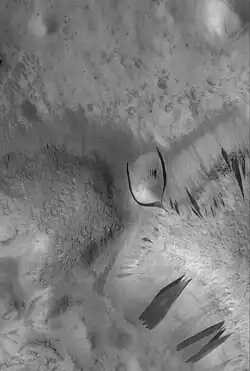 D. Marcas oscuras de talud en Phlegra Dorsa (fotografía MOC). La marca próxima al centro de la imagen se ha desviado alrededor de una pequeña elevación. La imagen abarca aproximadamente 3 km de ancho.