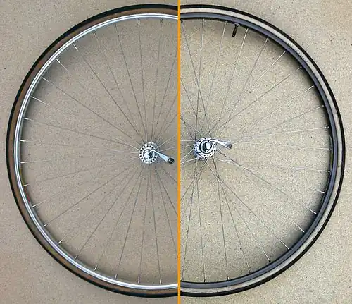 Radial - (izquierda) y tangencial - (derecha) ruedas de radios de alambre, ambas con neumáticos.