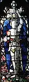 San Chamuel vestido con armadura, detalle de una vidriera en la Iglesia de San Lorenzo, Meriden.
