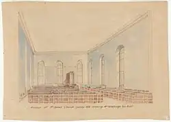 Una vieja acuarela mostrando el interior de la iglesia, con sus paredes pintadas color azul