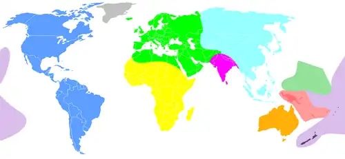Distribución de los nueve grupos raciales de Stanley Marion Garn (amerindia, europea, africana, india, asiática, micronesia, melanesia, polinesia y australiana), dentro de los que subdividía hasta 34 "subrazas" locales,