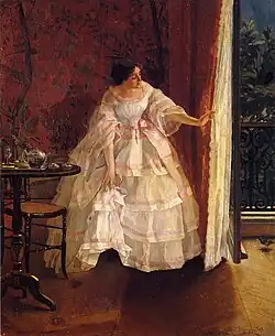 Señora en una ventana alimentando pájaros, c. 1859