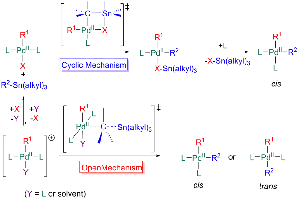 Los dos mecanismos, cyclic y abiertos, de transmetallation en el Stille reacción