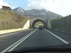 Vista recta de una autopista, acercándose a un paso elevado