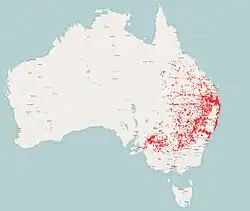 Distribución del mielero lanceolado. Datos de The Atlas of Living Australia.