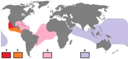 Distribución mundial, con las subespecies de S. leucogaster en rosado y morado: S. b. brewsteri S. b. etesiaca S. l. leucogaster S. l. plotus