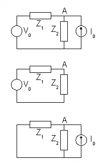 Arriba: circuito original. En medio: circuito con la fuente de corriente igualada a cero (circuito abierto). Abajo: circuito con la fuente de tensión igualada a cero (cortocircuito).