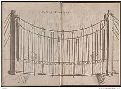Primer dibujo de un puente colgante, de Fausto Veranzio, ca. 1595/1616.