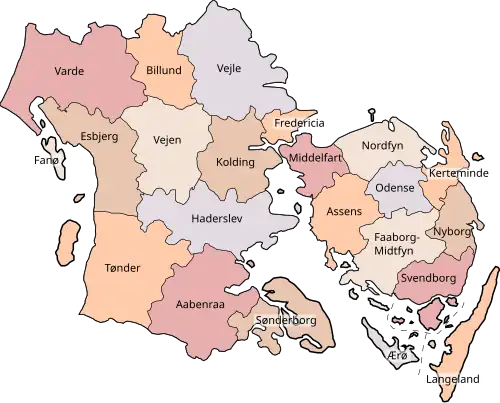 Mapa de municipios de Syddanmark.