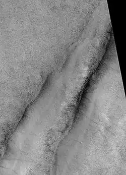 Tantalus Fossae, visto por HiRISE. Haga clic en la imagen para ver las huellas del remolino de polvo.