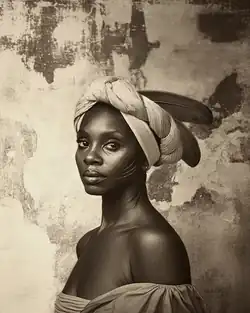 Foto en blanco y negro de Tereza de Benguela, lleva collares de guía, tiene la piel negra retinta y viste un vestido de algodón crudo. Mira al frente con seriedad y concentración.