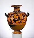Hidria-calpis de figuras rojas; Poseidón y Amimone con Anfitrite, Afrodita, Dioniso, sátiros y ménades. Museo Metropolitano de Arte, 56.171.56, Nueva York.,c. 400–380 a. C.