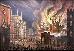 View of the front of the Palace of Westminster on fire, seen from Abingdon Street. Crowds—seen at the bottom of the image—are being held back by soldiers, while firemen can be seen tackling the blaze